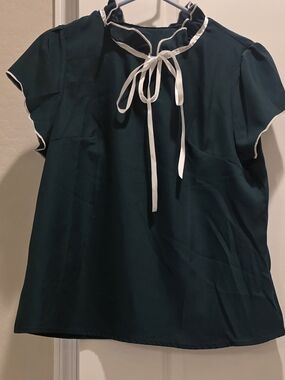 SHEIN Dark Green Tie-Neck Ruffle Sleeve Blouse with White Trim